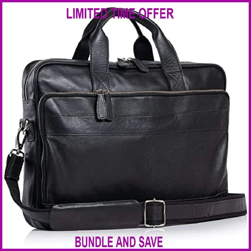 Premium Leather 18 Inch Laptop Briefcase Messenger Bag Office Satchel